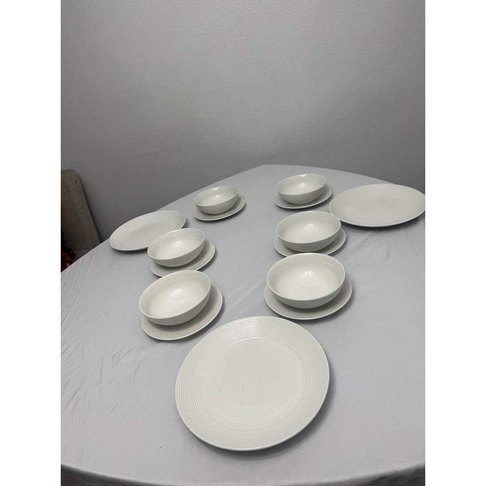Gibson USA White China Dinnerware Set Ribbed Texture Plates Bowls 15 Piece